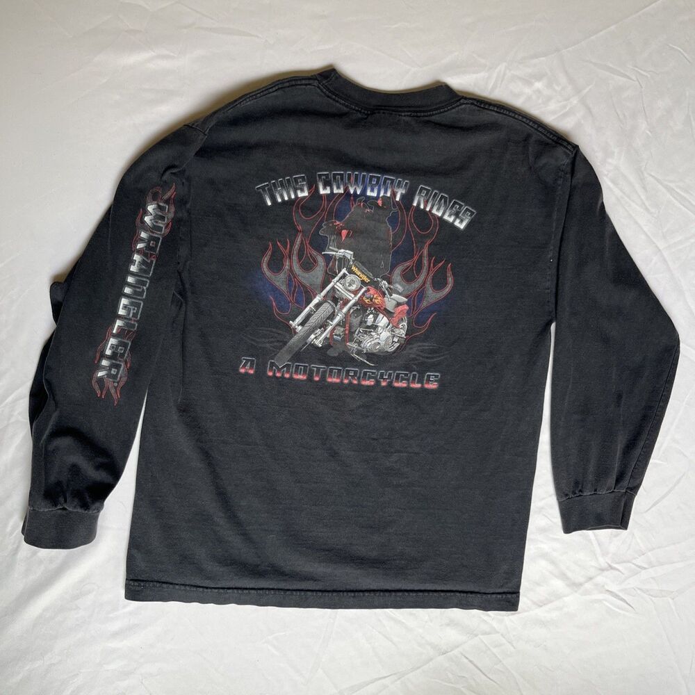 VTG Y2K Wrangler T Shirt Men’s M Flaming Long Sleeve Biker Flames Black Cowboy